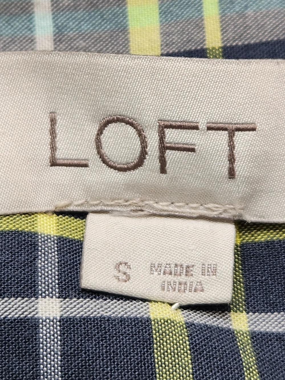 LOFT Plaid Ruffle Blouse Small Blue Yellow Cotton Modal Long Sleeve - Picture 5 of 7